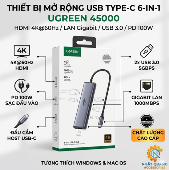 Thiết Bị Mở Rộng USB Type-C 6 in 1 HDMI 4K@60Hz / LAN Gigabit / USB 3.0 / PD 100W UGREEN 45000